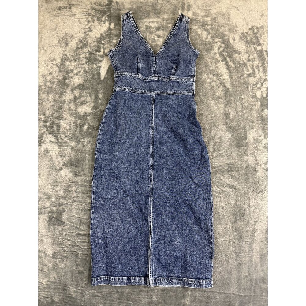 Gap Denim V-Neck Sleeveless Midi Dress Womens Petite Size 2 Blue Wash